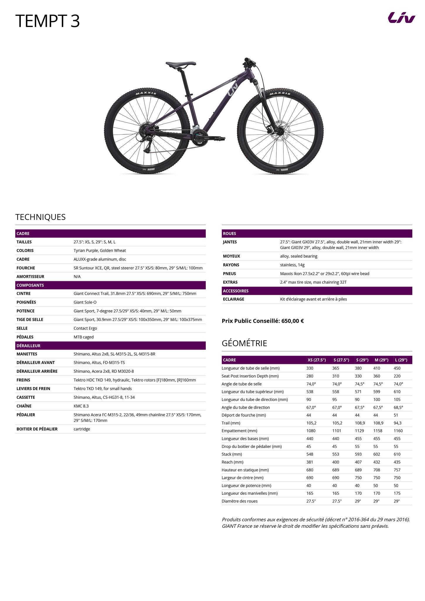 Fiche technique du velo Tempt 3 année 2026